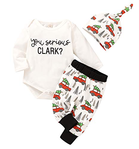 YOUNGER TREE Christmas 3Pcs Set Cute Newborn Infant Baby Boy Girl Clothes Romper Tops +Long Pants Outfit (0-6 Months, White)