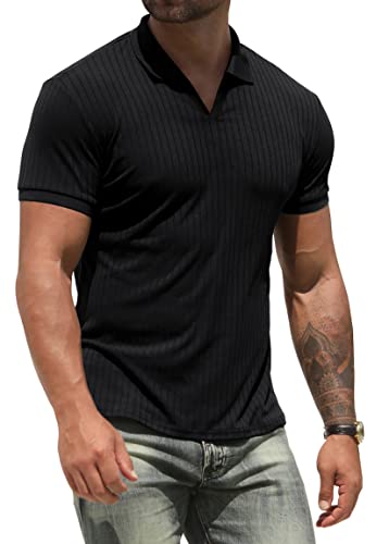 NITAGUT Polo Shirts for Men V Neck Slim Fit Short Sleeve Performance Golf Shirt Knit Soft Tees Black, Large