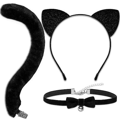 MUKOSEL Cat Ears Headband and Tail Bell Collar Set, Cat Costumes for Women Girls Black Cat Ears and Tail Set, Cat Costume Accessories Halloween Party Cosplay Costumes Set for Adults Women Girls
