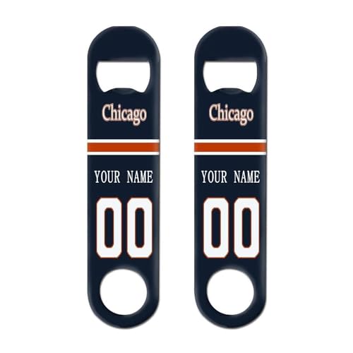 Znutrce Chicago Custom Personalized Beer Bottle Opener Key Chain Set of 2 Add Name and Number Football Fans Gift for Man Women.