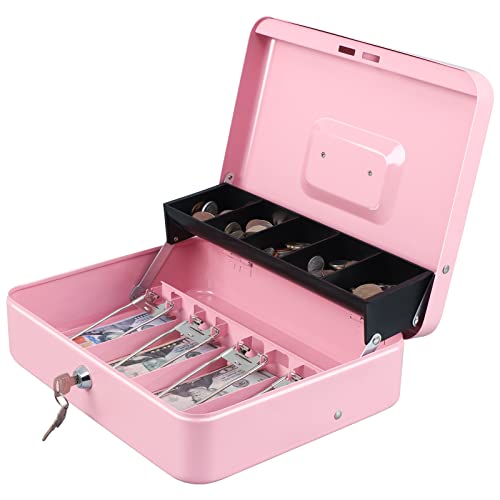 xydled Cash Box with Money Tray and Key Lock,Tiered, Cantilever Design,4 Bill / 5 Coin Slots,11.8' x 9.5' x 3.5',Pink