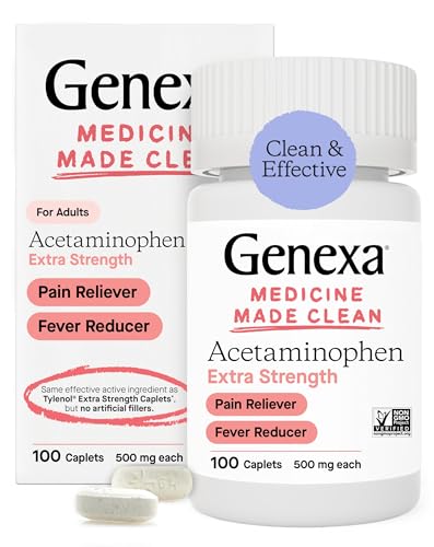 Genexa Acetaminophen 500mg Extra Strength Pain Reliever & Fever Reducer Caplets | Pain Relief Medications & Treatments of Headache, Backache, Toothache, & Minor Arthritis | 100 Count