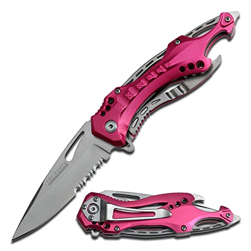 TAC FORCE Spring Assisted Folding Pocket Knife – Black Stainless Steel Blade with Pink Aluminum Handle, Bottle Opener, Glass Punch and Pocket Clip, Tactical, EDC, Rescue - TF-705RD