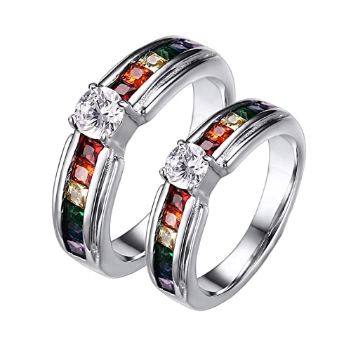 Custom Promise Ring, Cubic Zirconia Lgbt Wedding Ring Sets for Him and Her Titanium, Women Size 8 + Men Size 9