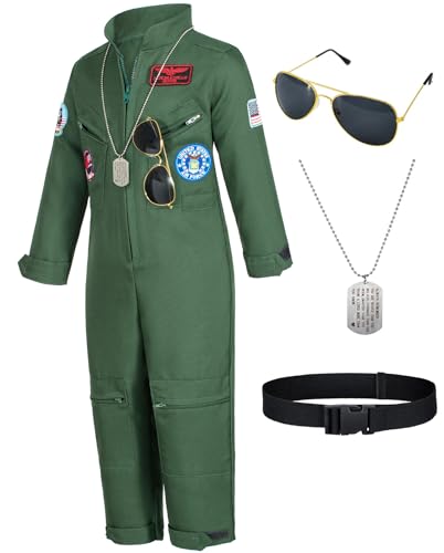 Kids Fighter Pilot Costume - Air Force Flight Suit with Aviator Sunglasses & Tag & Belt for Boys Girls Roleplay Dress Up 12-14 Years