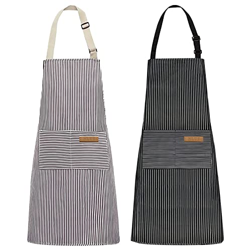 NLUS 2 Pack Kitchen Cooking Aprons, Adjustable Bib Soft Chef Apron with 2 Pockets for Men Women (Brown/Dark Black Strips)