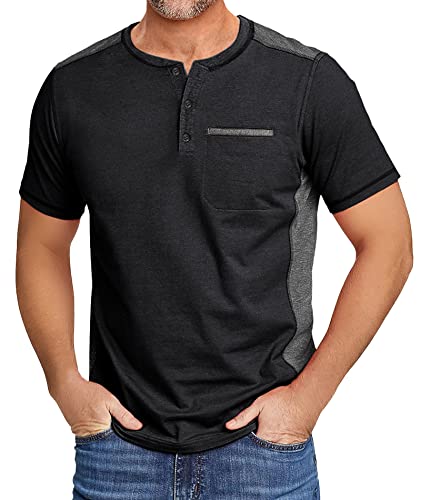 ZITY Mens Henley Shirt Short Sleeve Basic Button-Down T-Shirt with Pockets Solid Color Henley Shirt 1279-Black-XL