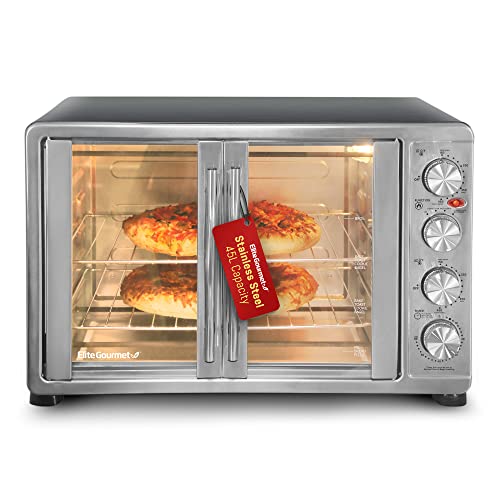 Elite Gourmet ETO4510B# French Door 47.5Qt, 18-Slice Convection Oven 4-Control Knobs, Bake Broil Toast Rotisserie Keep Warm, Includes 2 x 14' Pizza Racks, Stainless Steel