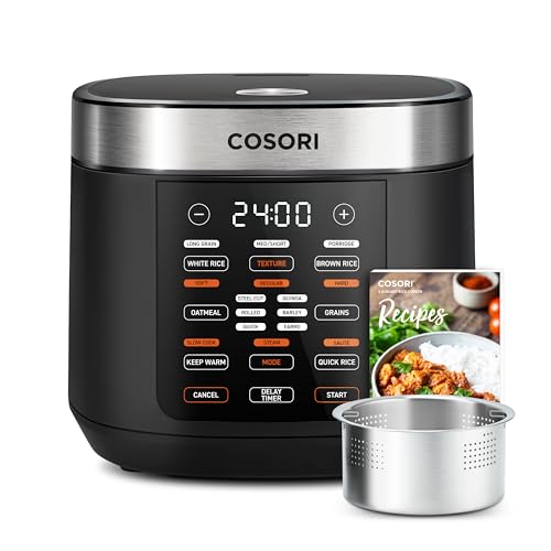 COSORI 18 Functions Rice Cooker, 24h Keep Warm & Timer, 10 cup Uncooked Rice Maker with Stainless Steel Steamer, Sauté, Slow Cooker, Fuzzy Logic Technology, Black, Mothers Day Gifts