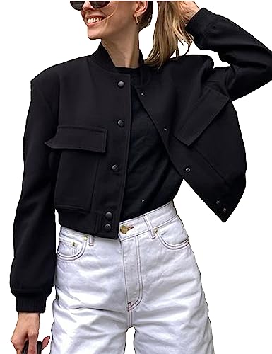 Megfie Womens Cropped Bomber Jacket Button Down Varsity Jackets Shackets With Pockets(0394-Black-S)