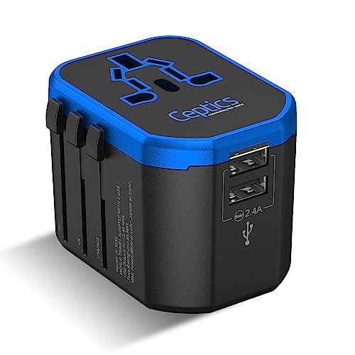 Ceptics Universal Adapter - World Power Charger Wall Charger 2 USB Type I C G A Outlets All in One 110V 220V A/C - Works in Europe, Asia, Australia, China, Africa (UP-8KU-BLK)