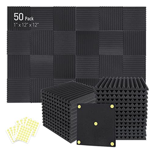 Focusound 50 Pack Acoustic Foam Panels 1' x 12' x 12' Sound Proof Foam Panles High Desnsity and Fire Resistant Soundproof Wedge Panels for Home Office Recoding Studio with 270PCS Double-Side Adhesive