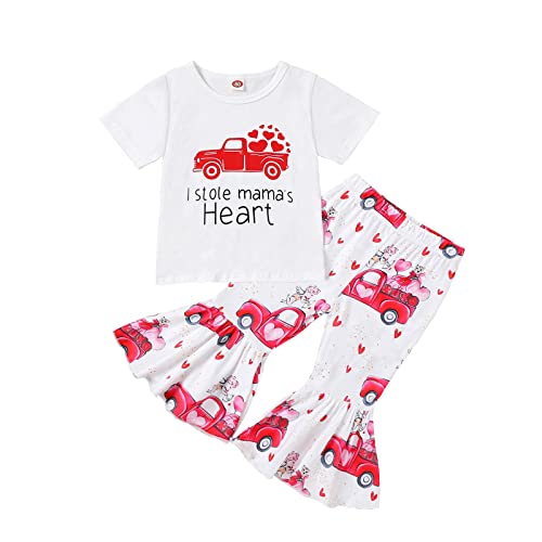 Items Prime Toddler Girls Valentine's Day Short Sleeve Letter Hearts Prints T Shirt Pullover Tops Bell Bottoms Deals of The Day Lightning Deals (White, 3-4 Years)