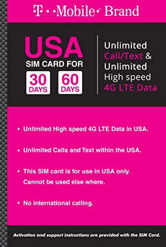 T Mobile Brand USA Prepaid Travel SIM Card Unlimited Call, Text and 4G LTE Data (for use in USA only) (for Phone use only. NOT for Modem/WiFi Devices) (60 Days)