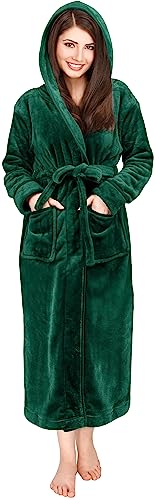 NY Threads Womens Fleece Hooded Bathrobe Plush Long Robe, X-Large, Green