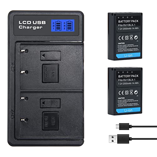 Upgrade 2-Pack BLX-1 Batteries Compatible with Olympus OM System OM-1 OM1 BLX-1 BLX1 with LCD Display Dual Battery Charger