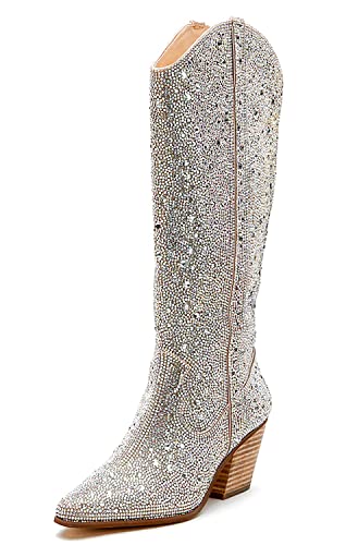 Women's Rhinestone Boots Western Mid Calf Pointed Toe Fashion Cowgirl Boots 5cm Chunky Stacked Heel Pull On Boots For Ladies