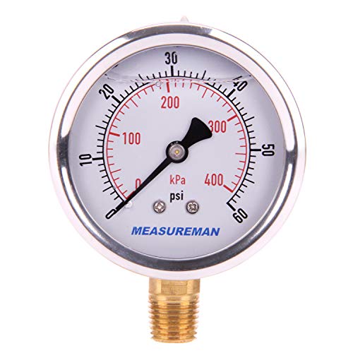 MEASUREMAN 2-1/2inch Dial Size, Liquid Filled Pressure Gauge, 0-60psi/kpa, 304 Stainless Steel Case, 1/4inNPT Lower Mount