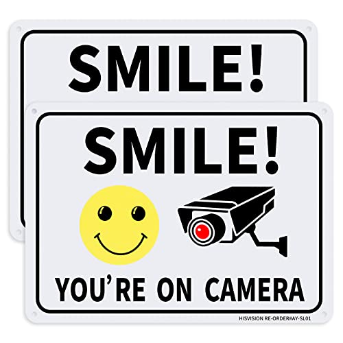 HISVISION 2 Pack Smile You're on Camera, Video Surveillance Sign, 10'x7' Rust Free Aluminum Metal Warning Sign UVresistance, Waterproof, Easy to Install for Home House and Business