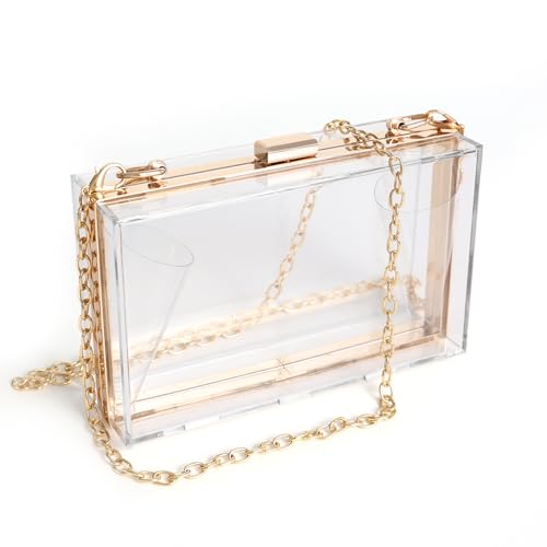 WJCD Clear Purses For Women Acrylic Clear Clutch Bag,Clear Purse Clear Clutch Purse Shoulder Handbag With Removable Chain (Gold)