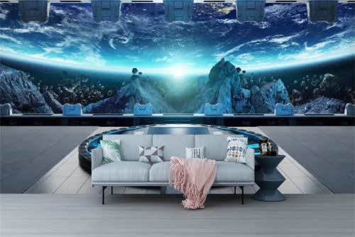 FLFK Spaceship Interior Backdrop Wall Murals Peel and Stick - 3D Universe Workshop Outer Space Travel Science Explore Station Earth Wallpaper for Bedroom Living Room 77.8'x59'