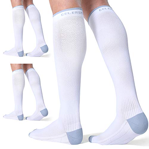 CelerSport 3 Pairs Compression Socks for Men and Women 20-30 mmHg Running Support Football Socks, White (3 Pack), Large/X-Large