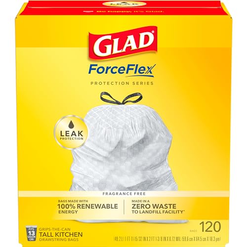 Glad Trash Bags, ForceFlex Tall Kitchen Drawstring Garbage Bags, 13 Gallon, Unscented, 120 Count.