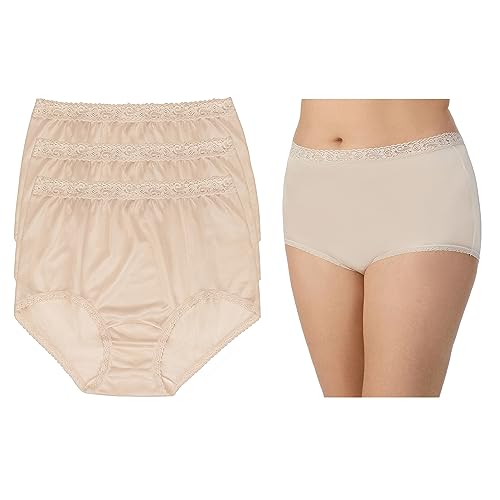 Lorraine Women's Underwear Lace Trim Full Brief Panties 3 Pack Multipack (Regular & Plus Size) - Size 7, Buff