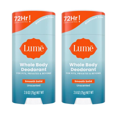 Lume Whole Body Deodorant - Smooth Solid Stick - 72 Hour Odor Control - Aluminum Free, Baking Soda Free and Skin Safe - 2.6 Ounce (Pack of 2) (Unscented)