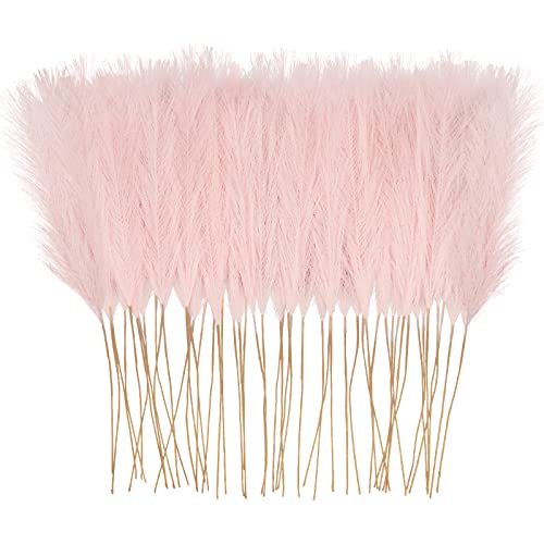 obbsie 50pcs Pink Faux Pampas Grass Decor, 21.6' Short Artificial Pompous Grass Floral Fake Pompas Grass Branches Vase Filler Flower Arrangement for Home Wedding Boho Decor