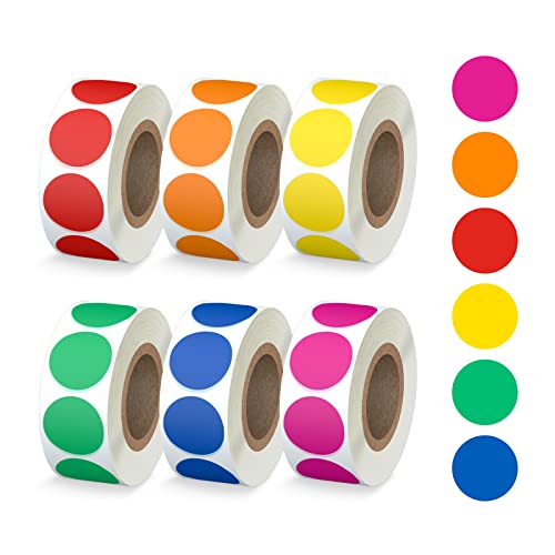 Misofuki 3000 PCS 3/4' Round Color Coding Circle Dot Labels Includes Bright Yellow Green Red Pink Orange Blue(6 Rolls,500 Labels/Roll)