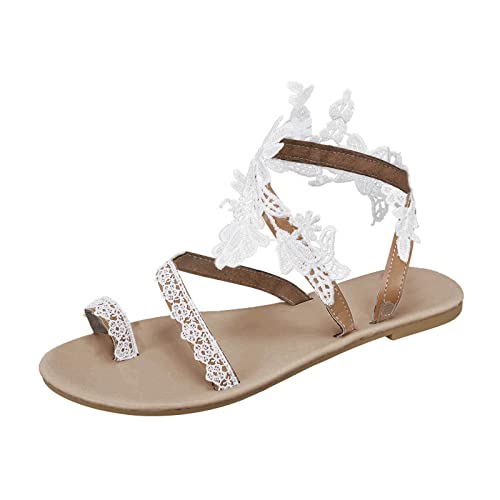Women's Floral Flat Thong Sandals White Ring Toe Vintage Beach Shoes Solid Comfortable Casual Flat Sandal Beachwear White, 7