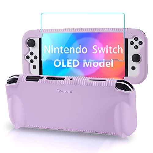 Teyomi Silicone Case for Nintendo Switch OLED with 2 Game Cards Slots, [Kids Friendly] Shockproof Protective Cover with Tempered Glass Screen Protector, Ergonomic Grip Case for Switch OLED, Purple