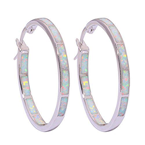 CiNily White Opal Hoop Earrings,Women Large Earring Jewelry Rhodium Plated Gemstone Big Hoop Earrings 32mm