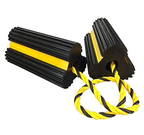 HOXWELL Heavy Duty Rubber Dual Wheel Chocks, RV Non Slip Wheel Stoppers with Nylon Rope Yellow Reflective Tape, Wheel Block for Travel Trailers, Aircraft, Car, Camper, Truck 1 Pair