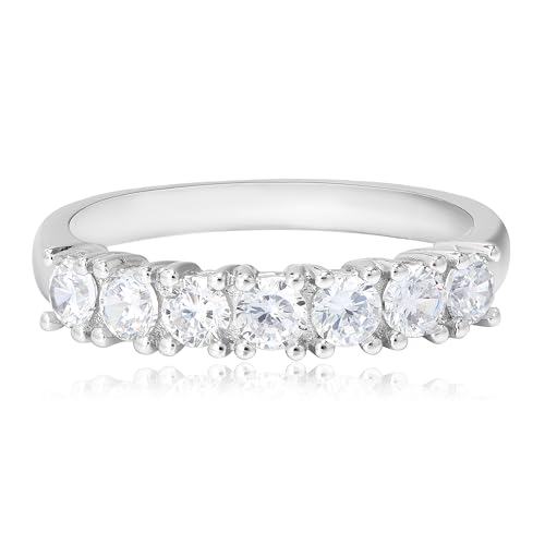 MORGAN & PAIGE 925 Sterling Silver Ring for Women with Round Cubic Zirconia Stones, Platinum/Yellow Gold/ Rose Gold Plated 7 Stone Prong Setting, Stackable Round Engagement Ring, Jewelry for Wedding, Anniversary, Birthday