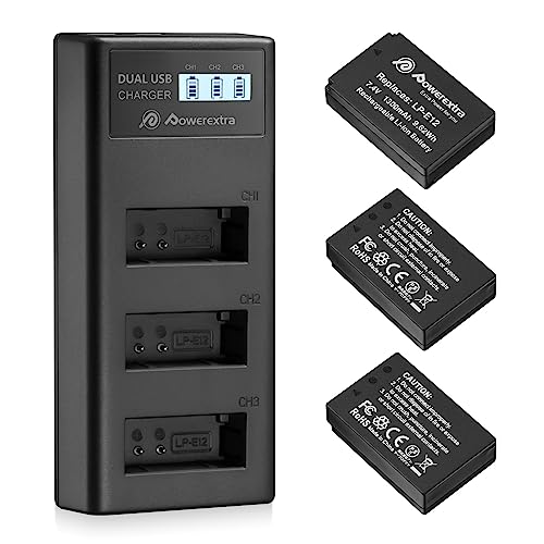 Powerextra 3 Pack LP-E12 Battery and USB Charger Smart LCD Display Compatible with Canon LP-E12 Battery and Canon PowerShot SX70 HS Rebel SL1 M M2 M10 M50 M100 Rebel SL1 Digital Cameras