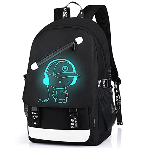 FEWOFJ School Backpack for Boys, Cartoon Luminous Bookbag 15.6inch Laptop Bag with USB Charging Port - Music Black