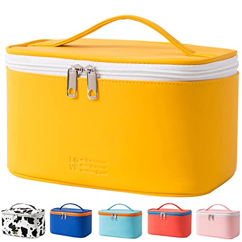 Makeup Bag Portable Travel Cosmetic Bag for Women, Beauty Zipper Makeup Organizer PU Leather Washable Waterproof (Yellow)