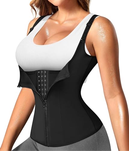 Nebility Women Waist Trainer Corset Zipper Vest Body Shaper Cincher Tank Top with Adjustable Straps (L, Black)