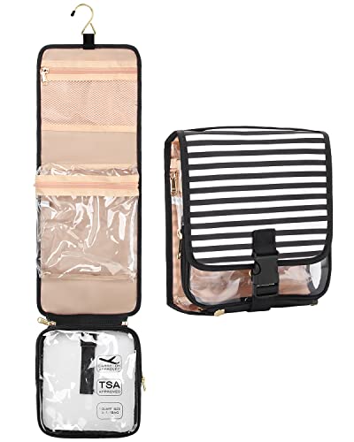 Small Hanging Toiletry Bag with Detachable Clear TSA Approved Toiletry Bag, Compact Waterproof Quart Size Travel Toiletry Bag for Women Strip Cute 3-1-1 Toiletries Cosmetic Makeup Bag