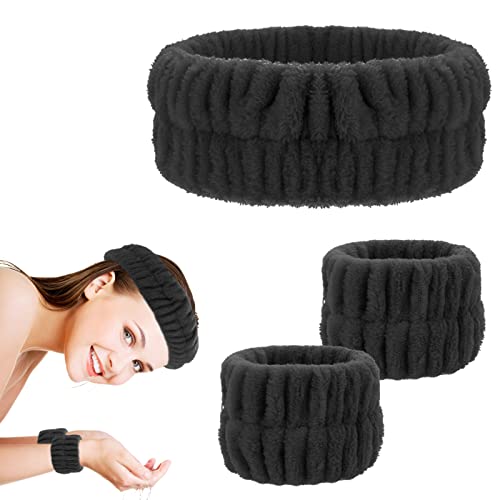 WLLHYF Spa Headband Wrist Washband Face Wash Set Facial Makeup Hair Band Microfiber Shower Head Wraps Adjustable Wrist Wash Bands Prevent Liquid from Arms Spilling for Women Girls (Black)