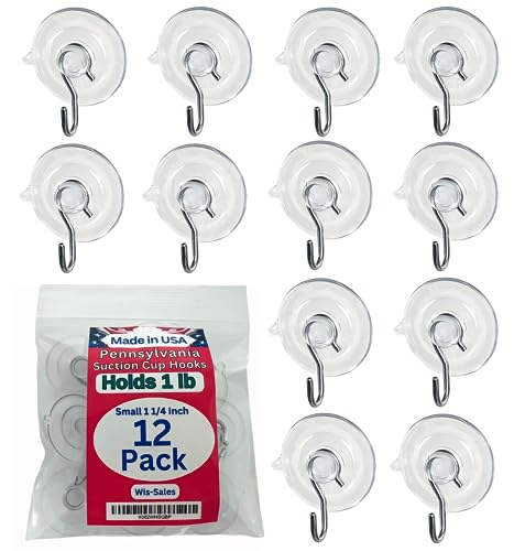 Wis-Sales -12 Pak Small 1 1/4-inch Pennsylvania Heavy Duty Suction Cup Hooks for Glass Windows. Signs Holiday Ornaments Suncatchers-(Holds 1 Pound)