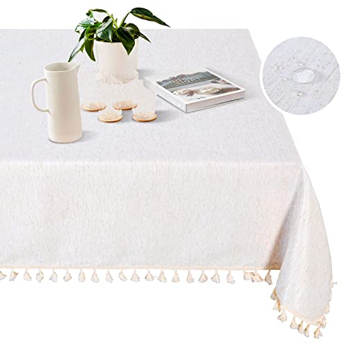 MYSKY HOME Table Cloth 60x84 in Rectangle Table, Heavy Duty Cotton Tassel Linen Look Waterproof Tablecloths Farmhouse Tablecloth, Wrinkle Free Table Cover with Beige Tassels for Kitchen Dining, Party