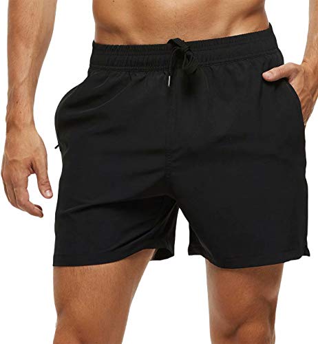 Tyhengta Men's Stretch Swim Trunks Quick Dry Beach Shorts with Zipper Pockets and Mesh Lining Black 32