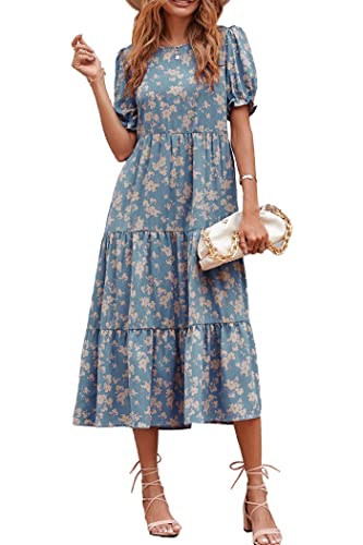 PRETTYGARDEN Women's Summer Casual Boho Dress Floral Print Ruffle Puff Sleeve High Waist Midi Beach Dresses (Blue Apricot,Medium)