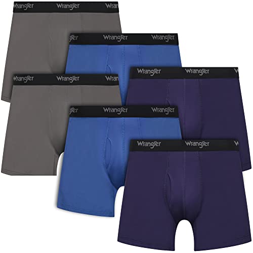 Wrangler Mens Boxer Brief Underwear 6' Inseam for Men Pack of 6 (LARGE, NAVY/FEDERAL BLUE/CHARCOAL)