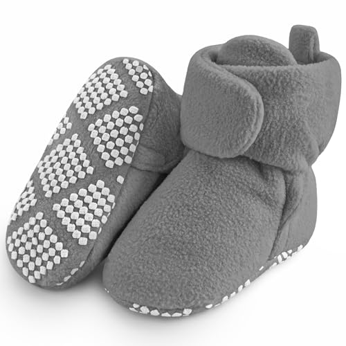 Pro Goleem Fleece Baby Booties, Warm Cozy Baby Slippers, Stay On Sock Shoes, Easy to Put on, Unisex Baby Gifts, Soft Non-Slip Adjustable Newborn Boots for Boys and Girls 6-12 Months, Grey