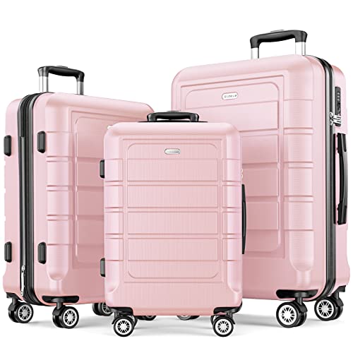 SHOWKOO Luggage Sets Expandable PC+ABS Durable Suitcase Sets Double Wheels TSA Lock Pink 3pcs