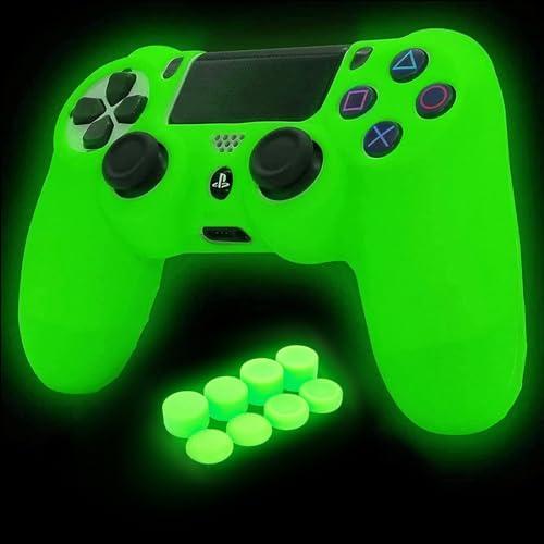 HLRAO Green Anti-Slip Glow in The Dark Protective Silicone Cover Skin Grips Compatiable with PS4/Slim/Pro 4 Controller,8 PCS Thumb Grips Caps and 2 Grips Caps Glow in The Dark.